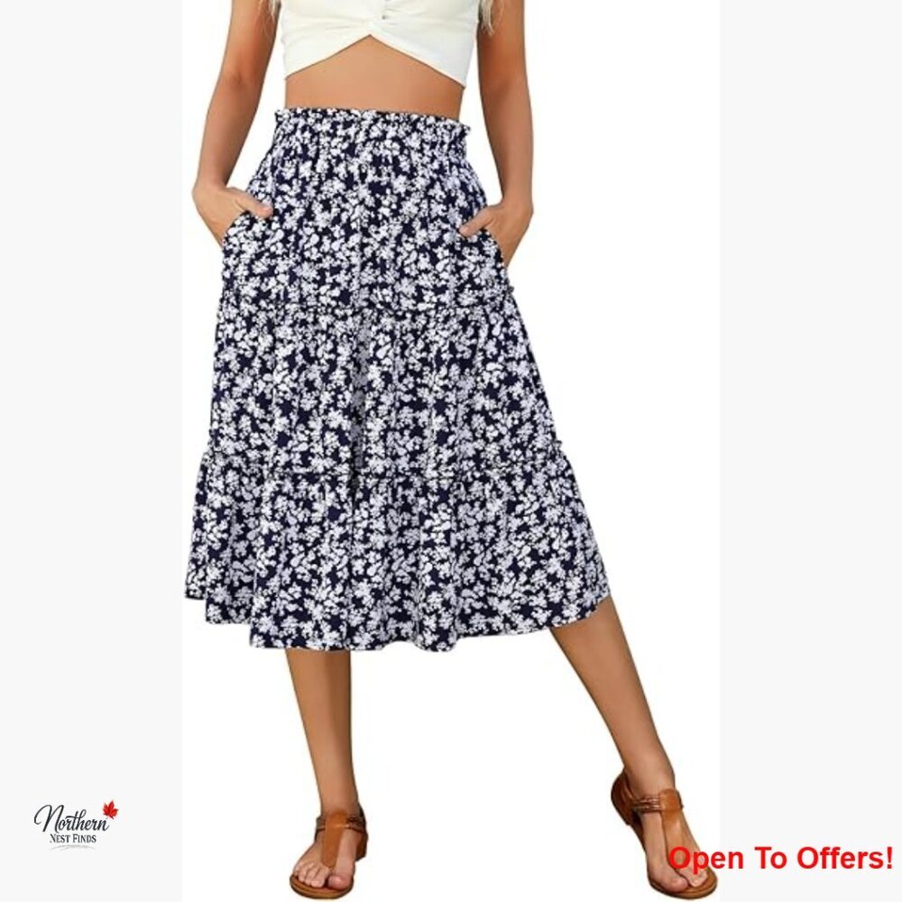 Midi Skirt with Pockets High Waist A Line Tiered Ruffle Flowy